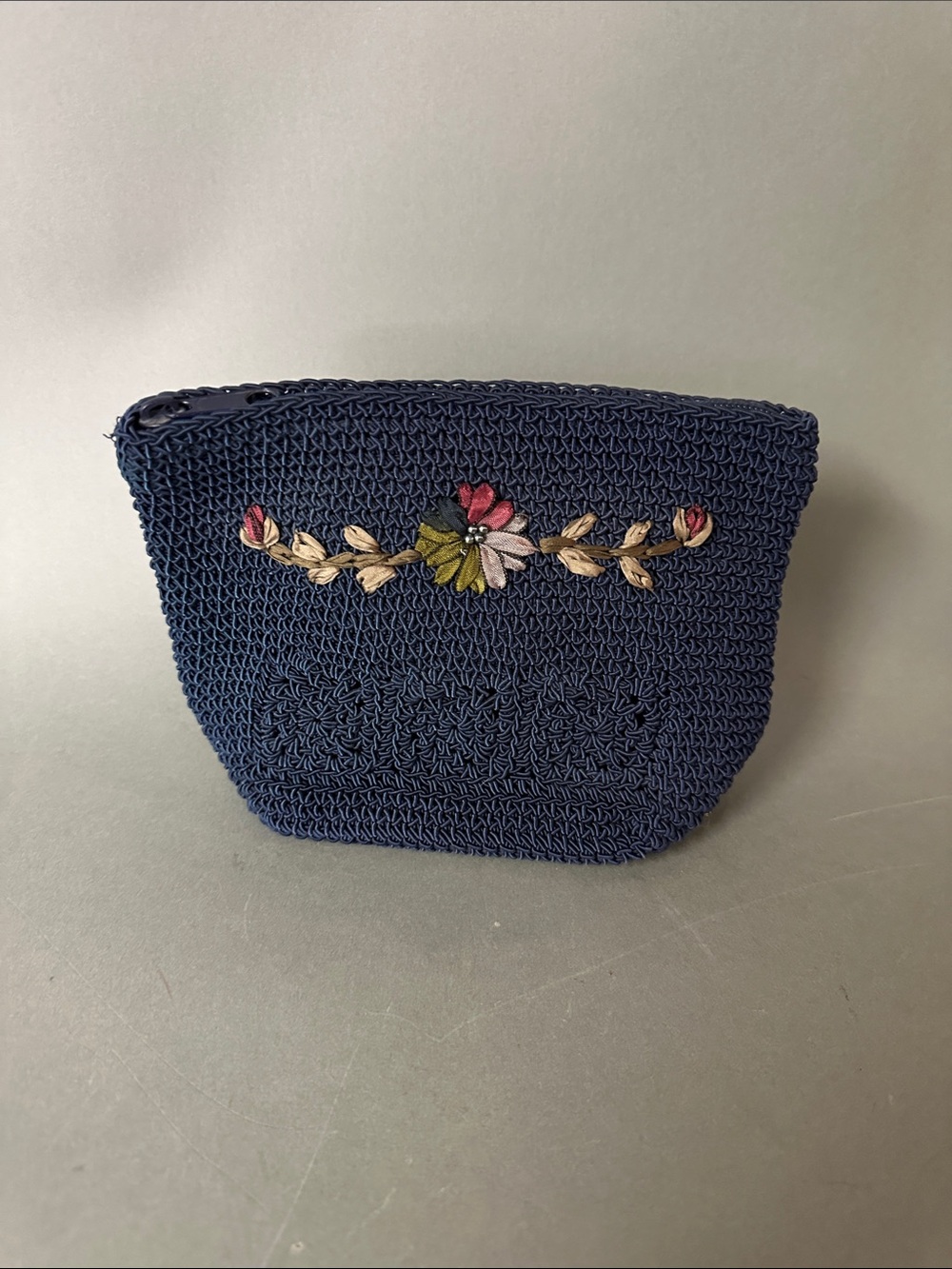 Woven Navy Floral Embroidered Zip Pouch